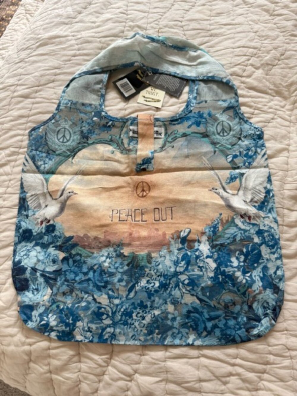 Market of Stars - Peace Out Turquoise Linen Tote Bag with Doves and Sunrise NWT - Picture 4 of 6